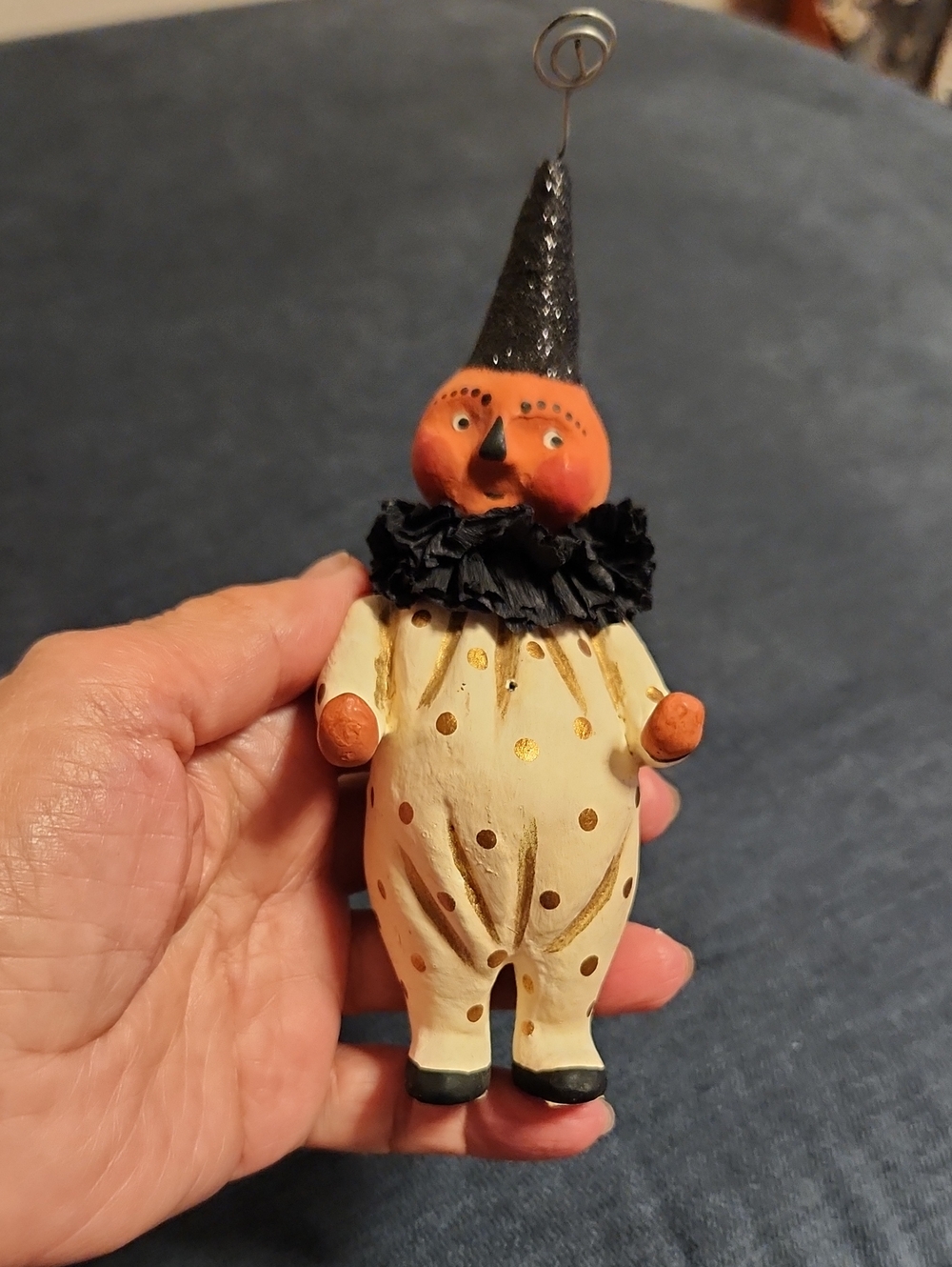 Bethany Lowe Star Light Paper-mache Pumkin Head Gold Polka Dot Clown